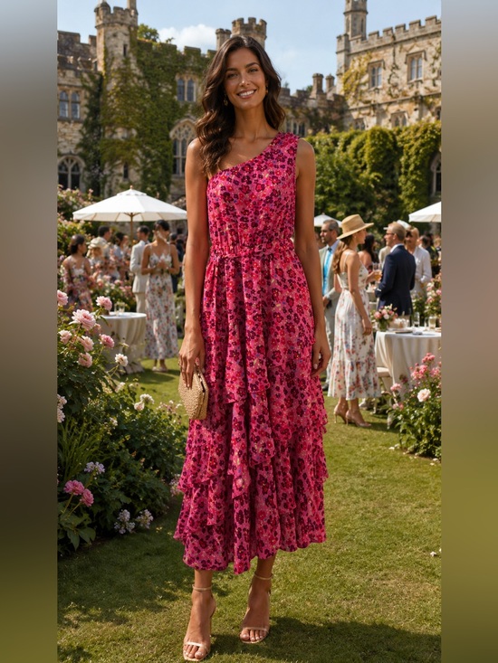 PrettyGarden Dresses & Skirts - Pretty Garden Floral One Shoulder Ruffle Maxi Dress Size L Coquette